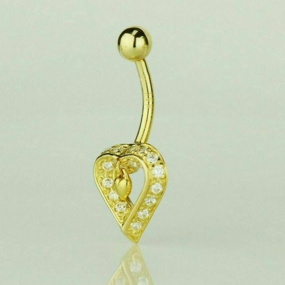 Solid 14k Yellow or White Gold Belly Button Love Heart Body Jewelry Piercing - Picture 2 of 6